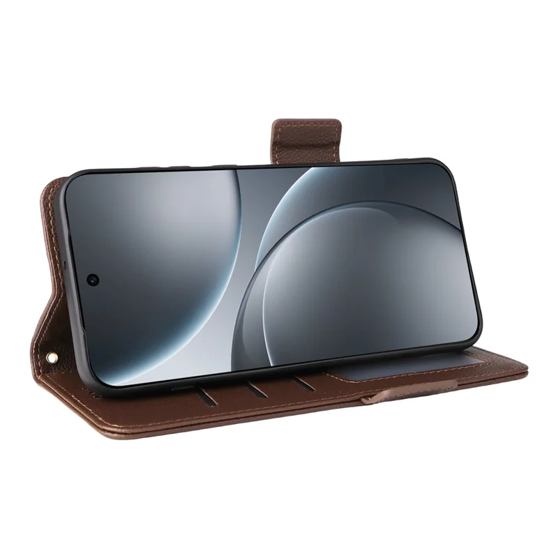 For Oppo Find X9 5G Case Litchi Texture Wallet Leather Phone Cover with Wrist Strap - Brown