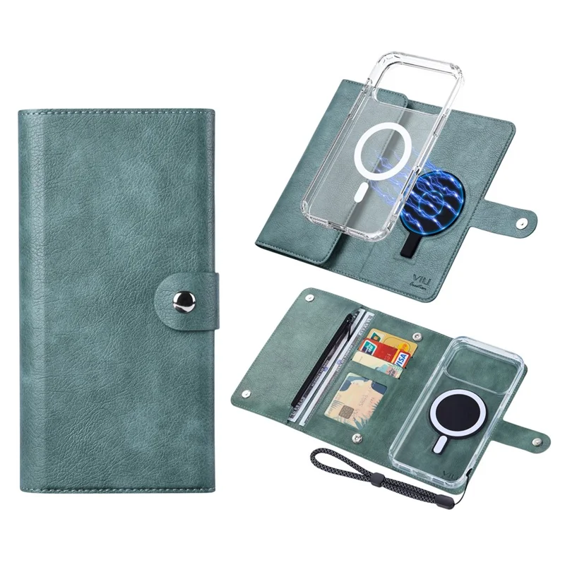 VILI GVB-C Série pour iPhone 17 Pro Étui Compatible avec MagSafe Blocage RFID Couvercle de Téléphone en Cuir Détachable - Vert