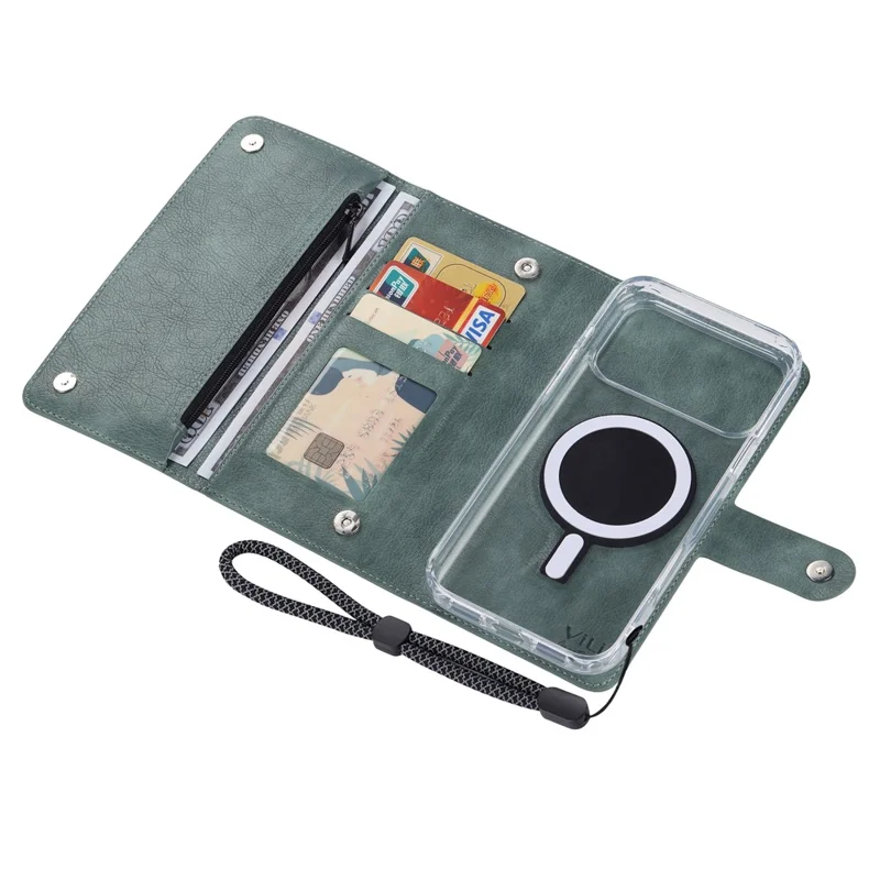 VILI GVB-C Série pour iPhone 17 Pro Étui Compatible avec MagSafe Blocage RFID Couvercle de Téléphone en Cuir Détachable - Vert