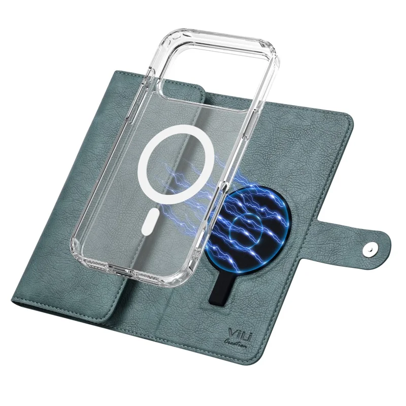 VILI GVB-C Série pour iPhone 17 Pro Étui Compatible avec MagSafe Blocage RFID Couvercle de Téléphone en Cuir Détachable - Vert