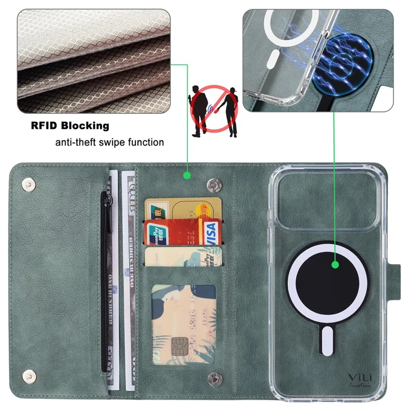 VILI GVB-C Série pour iPhone 17 Pro Étui Compatible avec MagSafe Blocage RFID Couvercle de Téléphone en Cuir Détachable - Vert