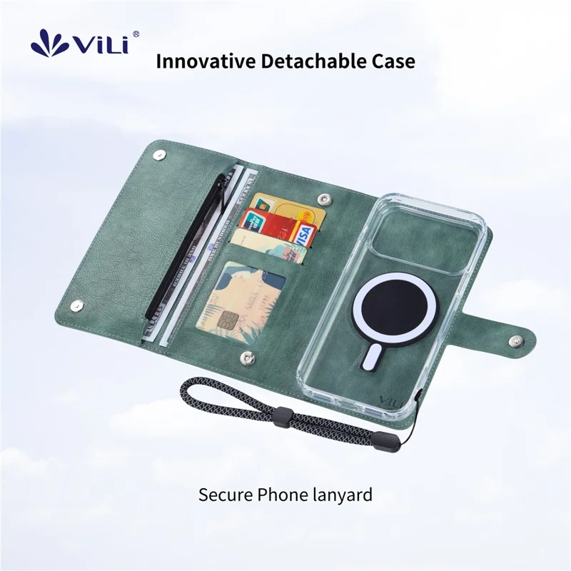 VILI GVB-C Série pour iPhone 17 Pro Étui Compatible avec MagSafe Blocage RFID Couvercle de Téléphone en Cuir Détachable - Vert