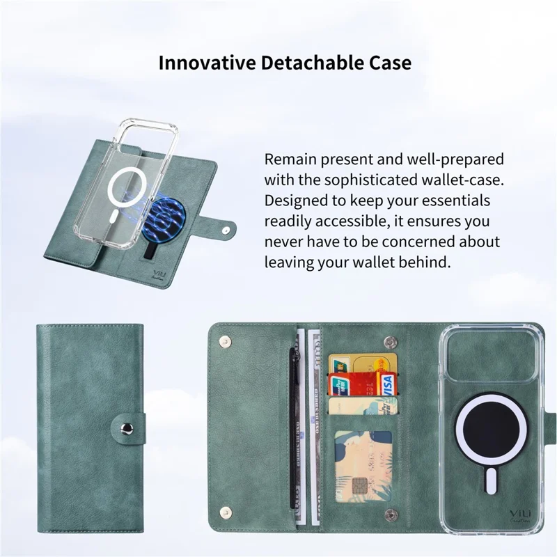 VILI GVB-C Série pour iPhone 17 Pro Étui Compatible avec MagSafe Blocage RFID Couvercle de Téléphone en Cuir Détachable - Vert