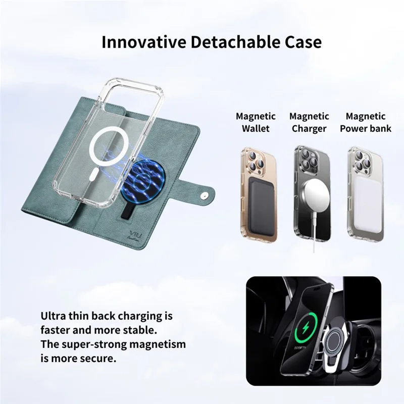 VILI GVB-C Série pour iPhone 17 Pro Étui Compatible avec MagSafe Blocage RFID Couvercle de Téléphone en Cuir Détachable - Vert