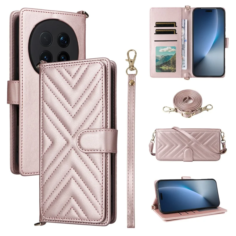 Für Honor Magic8 Pro 5G Leder Hülle Ständer Brieftasche Telefonabdeckung mit Schulter- / Handgelenkband - Rosa