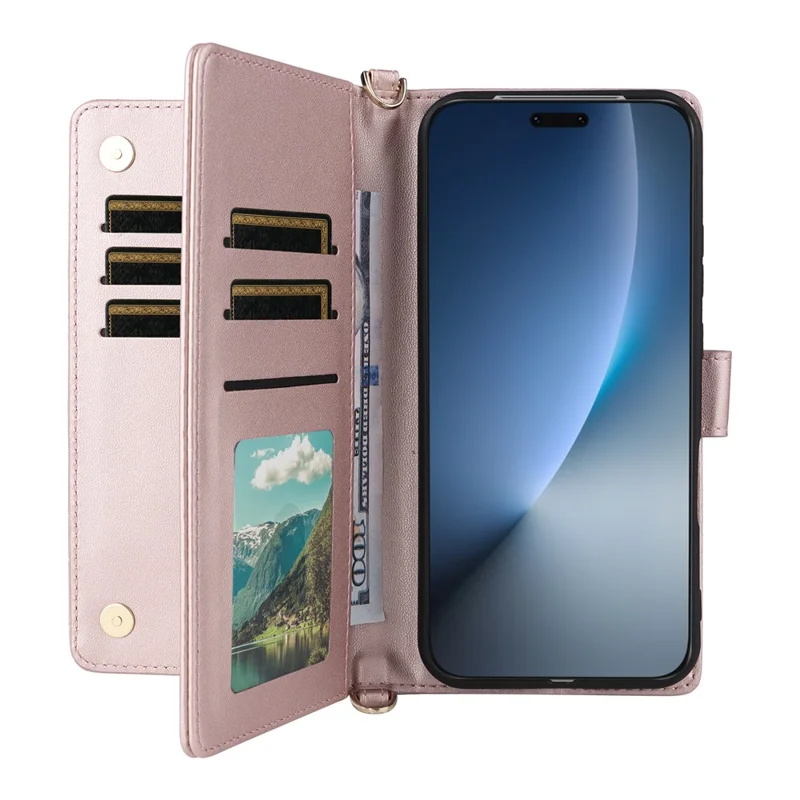 Für Honor Magic8 Pro 5G Leder Hülle Ständer Brieftasche Telefonabdeckung mit Schulter- / Handgelenkband - Rosa