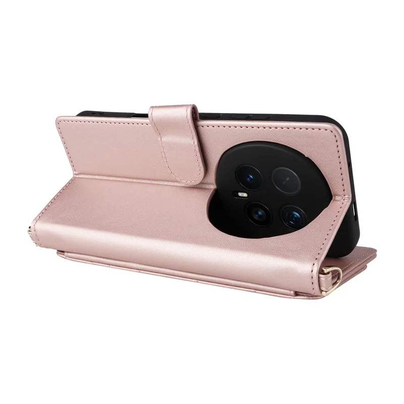 Für Honor Magic8 Pro 5G Leder Hülle Ständer Brieftasche Telefonabdeckung mit Schulter- / Handgelenkband - Rosa