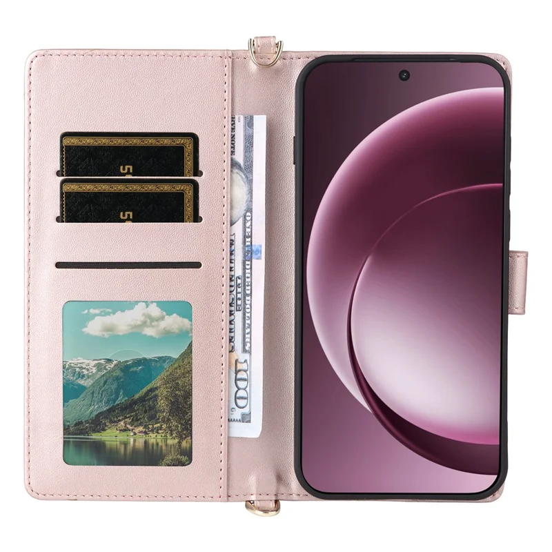 OnePlus 15 5G Lederhülle mit Ständer und Geldbörse - Pink