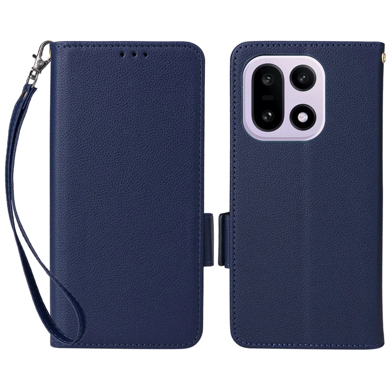 For OnePlus 15 5G Case Litchi Texture Wallet Leather Phone Cover with Wrist Strap - Dark Blue