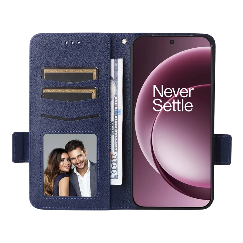 For OnePlus 15 5G Case Litchi Texture Wallet Leather Phone Cover with Wrist Strap - Dark Blue