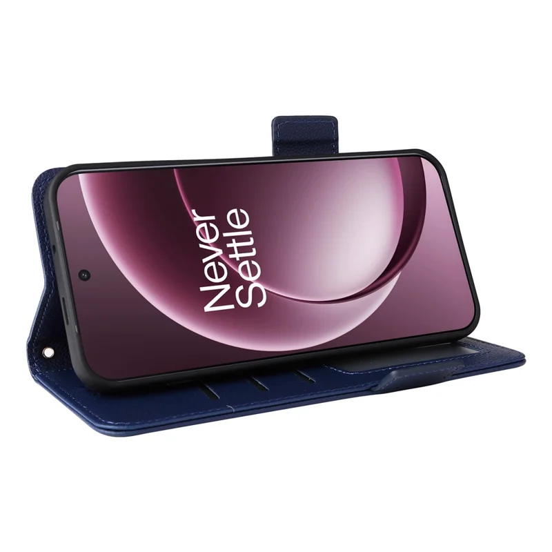 For OnePlus 15 5G Case Litchi Texture Wallet Leather Phone Cover with Wrist Strap - Dark Blue