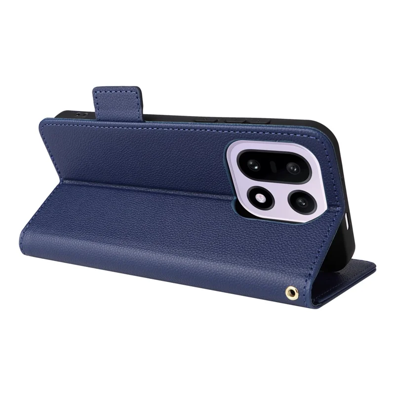 For OnePlus 15 5G Case Litchi Texture Wallet Leather Phone Cover with Wrist Strap - Dark Blue