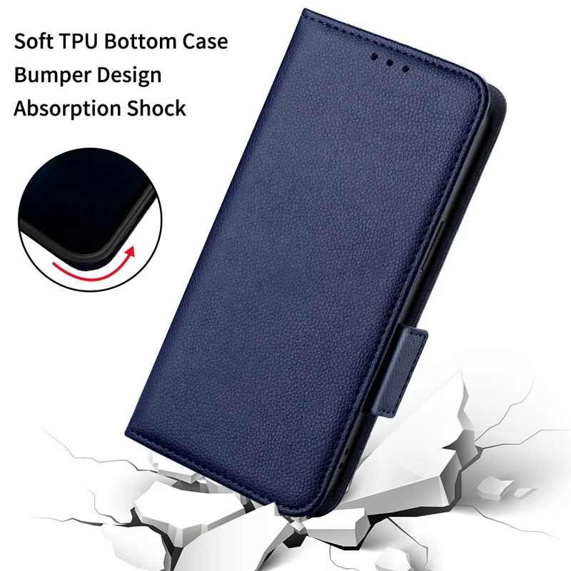 For OnePlus 15 5G Case Litchi Texture Wallet Leather Phone Cover with Wrist Strap - Dark Blue