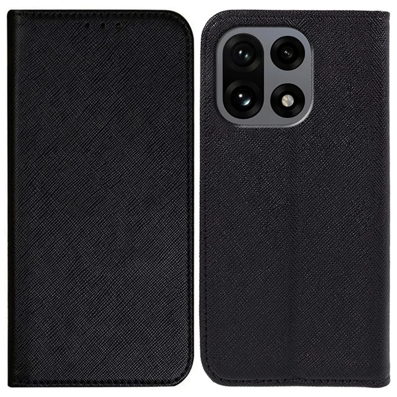 For OnePlus 15 5G Case Cross Texture Leather Phone Cover with Hidden Magnetic - Black