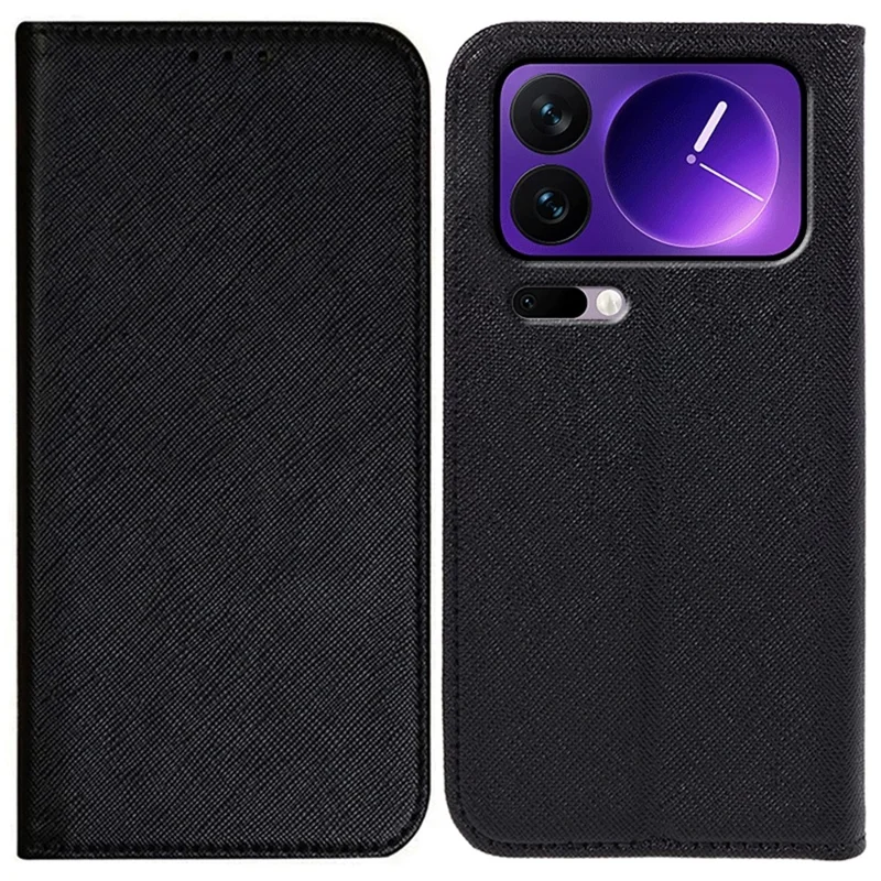 For Xiaomi 17 Pro Max Case Cross Texture Leather Phone Cover with Hidden Magnetic - Black