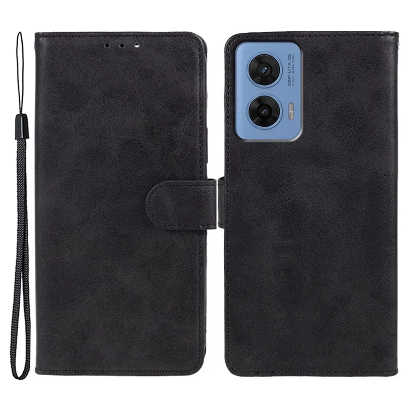 For Motorola G96 5G Case Calf Texture PU Leather Wallet Phone Cover with Wrist Strap - Black