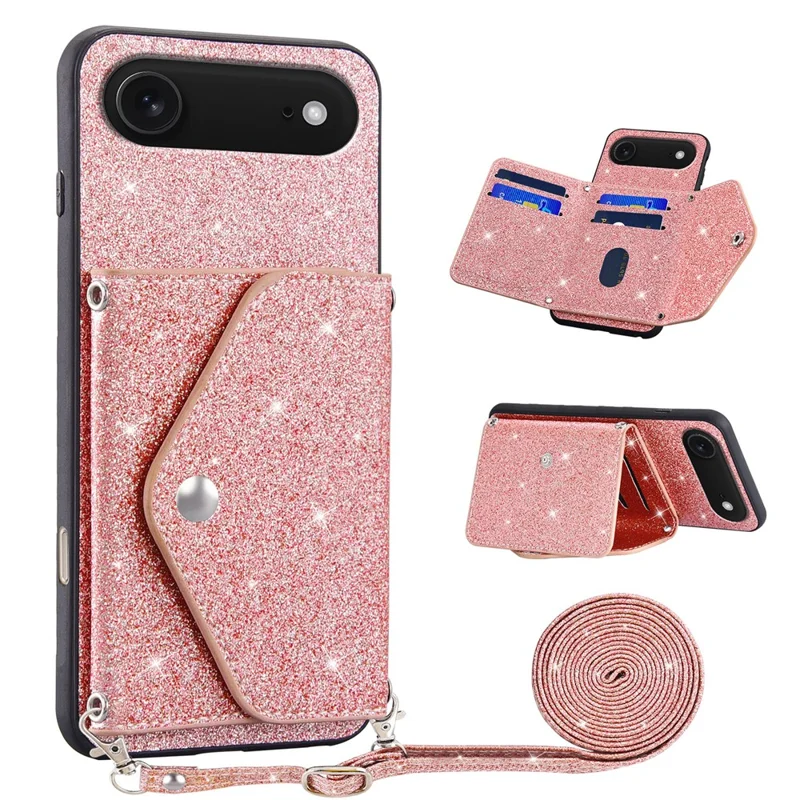 For iPhone Air Case Card Holder Kickstand PU Leather + TPU Glitter Phone Cover with Shoulder Strap - Pink