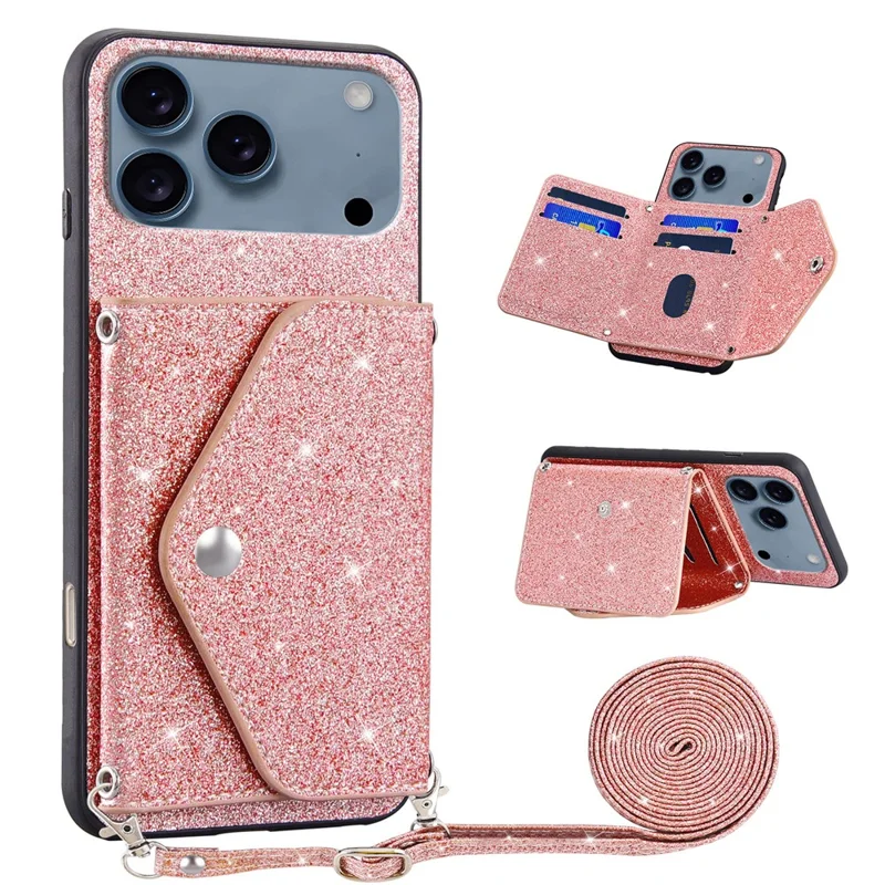 iPhone 17 Pro Max Hülle mit Kartenhalter Ständer PU-Leder + TPU Glitzer Handyhülle mit Umhängeriemen - Rosa
