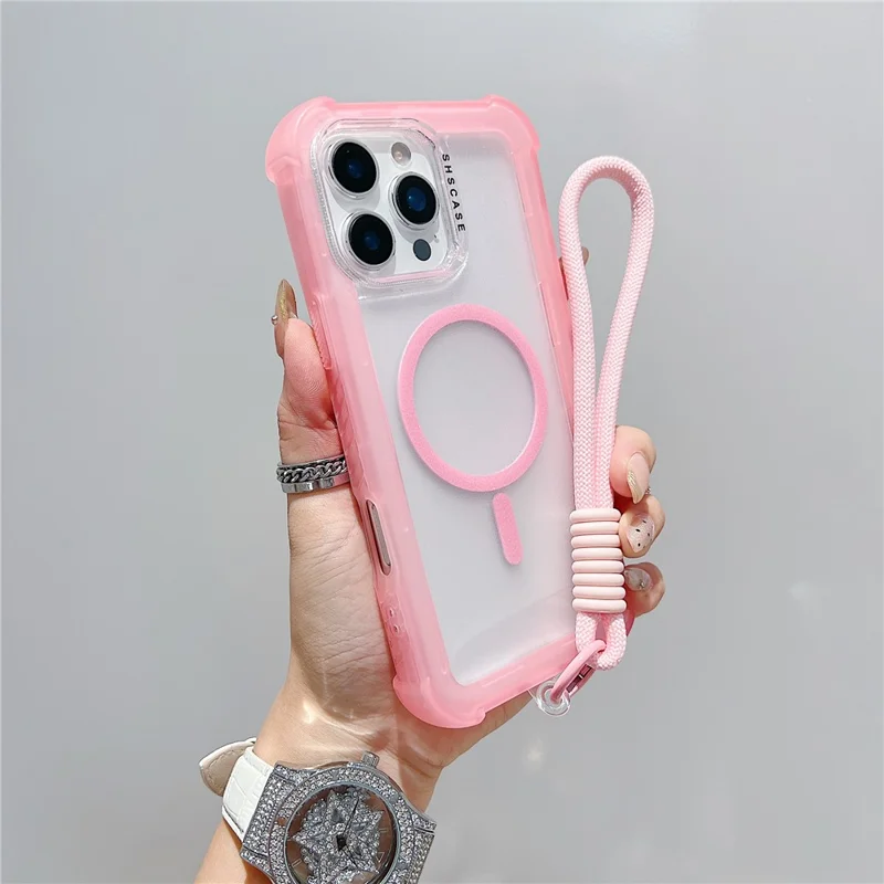For iPhone 16 Pro Case Compatible with MagSafe 3 in 1 TPU + PC Matte Phone Back Cover with Hand Strap - Pink