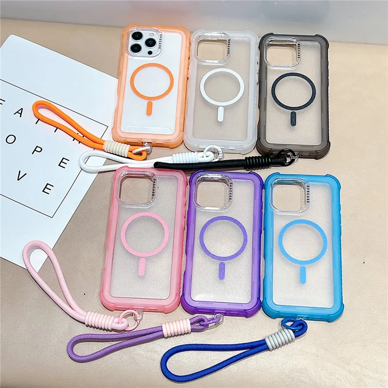 For iPhone 16 Pro Case Compatible with MagSafe 3 in 1 TPU + PC Matte Phone Back Cover with Hand Strap - Pink