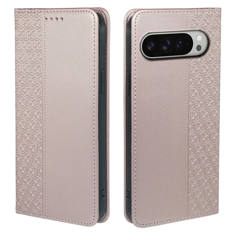 For Google Pixel 10 / 10 Pro Case Four Leaf Clover Leather Flip Phone Cover Stand Wallet - Rose Gold