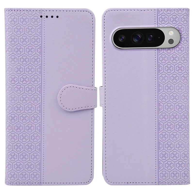 Étui pour Google Pixel 10 / 10 Pro avec fermoir magnétique en cuir à quatre feuilles de trèfle - Violet clair