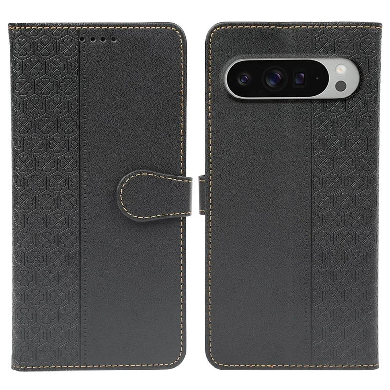 For Google Pixel 10 Pro XL Case Magnetic Clasp Four Leaf Clover Leather Phone Cover - Black