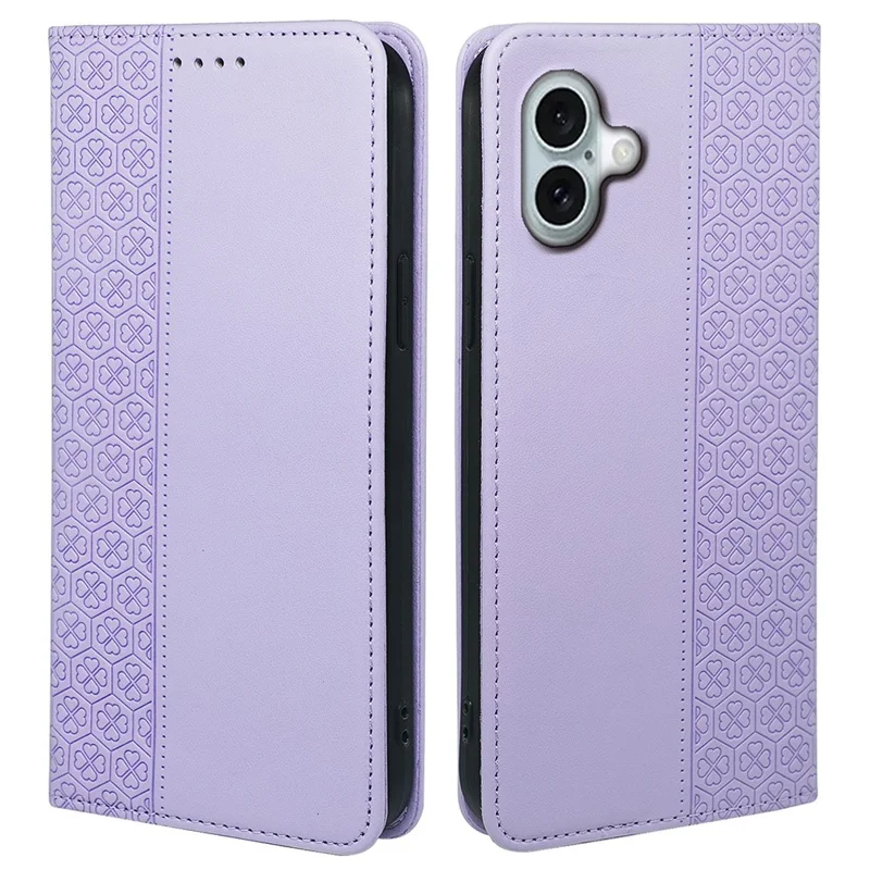 Für iPhone 17 Hülle Vierblättriges Kleeblatt Leder Flip Phone Cover Ständer Geldbörse - Hellviolett