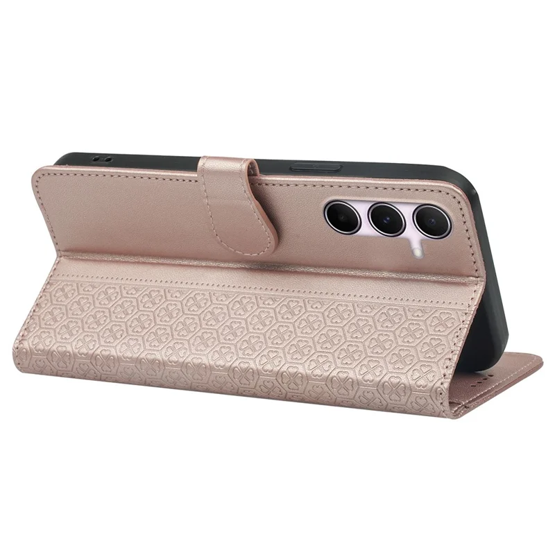 For Samsung Galaxy A16 5G / 4G Case Magnetic Clasp Four Leaf Clover Leather Phone Cover - Rose Gold