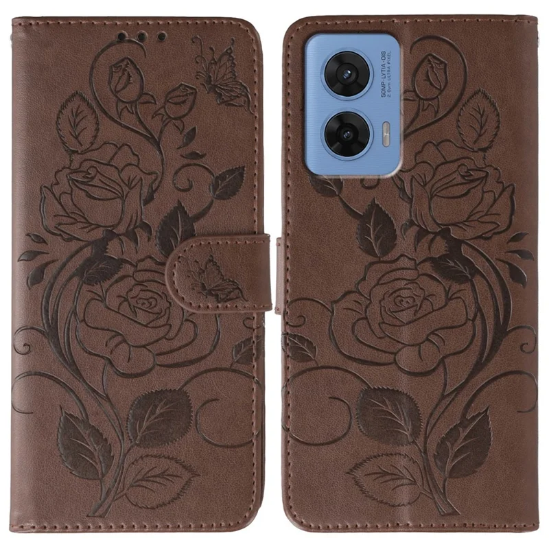 For Motorola G96 5G Case Wallet Stand Imprinted Rose Butterfly PU Leather Phone Cover - Brown