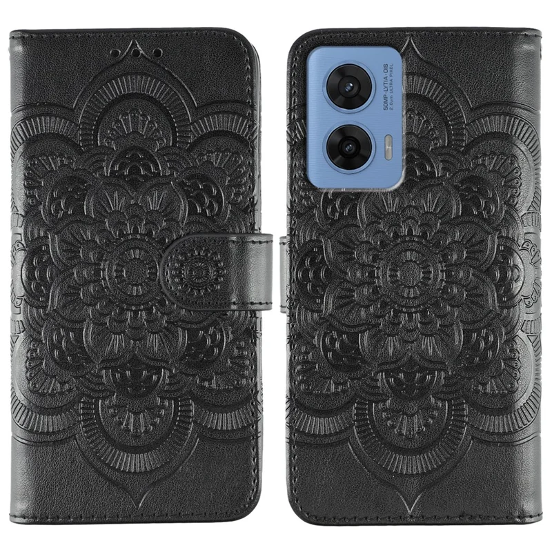 Capa Motorola G96 5G de Couro PU com Design Mandala Impresso e Alça de Pulso - Preto