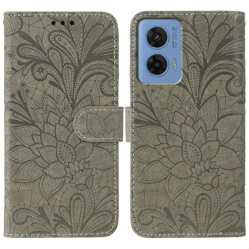 Voor Motorola G96 5G hoesje met kanten bloemenmotief in PU-leer met flipportemonnee - Grijs