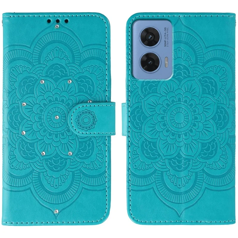 For Motorola G96 5G Etui med strassdekoration, PU-læder, mandala-mønster, telefonbeskytning med håndledsrem - Blå