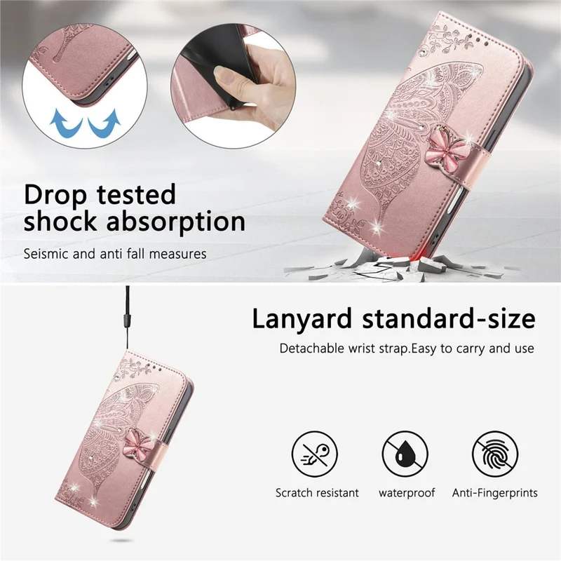 For iPhone 17 Pro Case 3D Rhinestone Decor Butterfly Flower Leather Phone Cover with Wrist Strap - Rose Gold