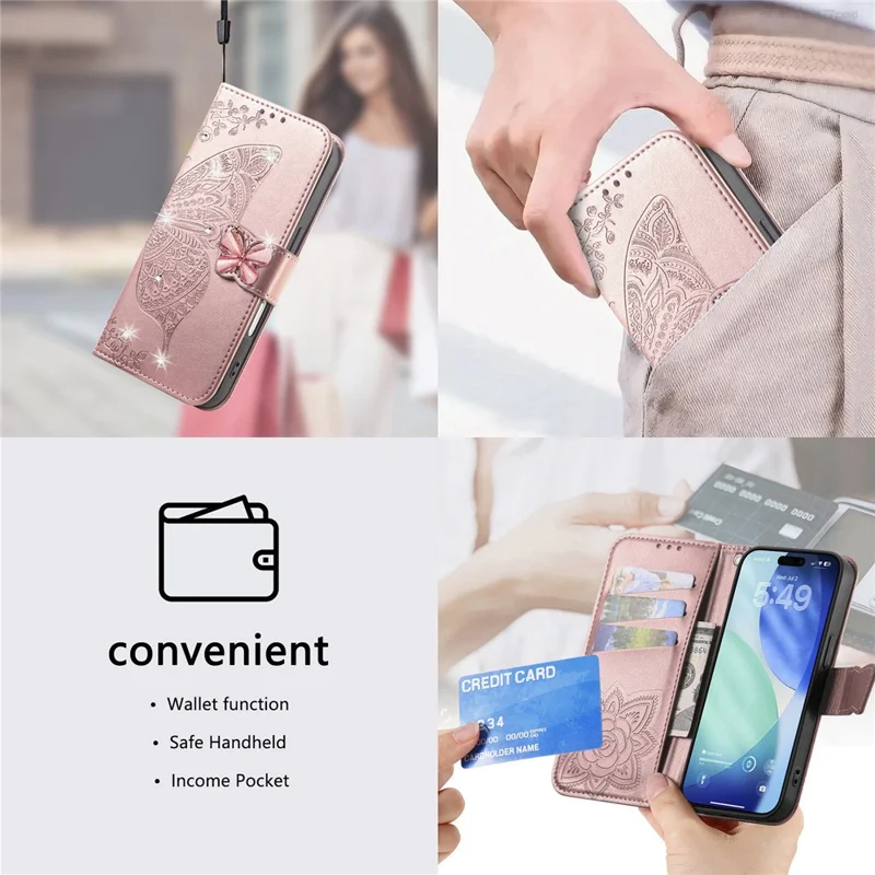 For iPhone 17 Pro Case 3D Rhinestone Decor Butterfly Flower Leather Phone Cover with Wrist Strap - Rose Gold