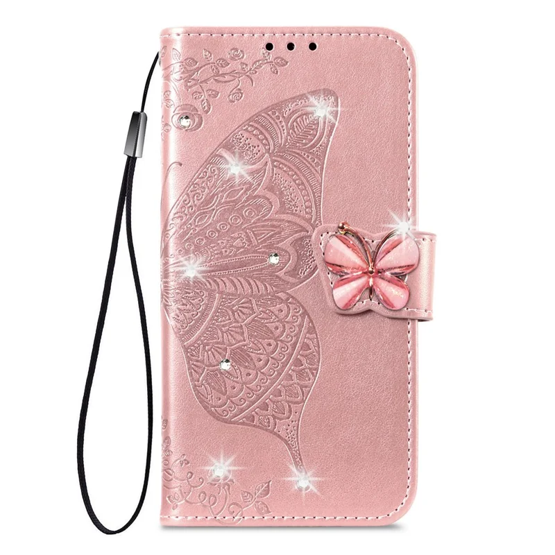For iPhone 17 Pro Case 3D Rhinestone Decor Butterfly Flower Leather Phone Cover with Wrist Strap - Rose Gold