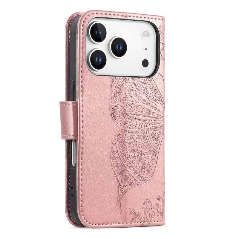 For iPhone 17 Pro Case 3D Rhinestone Decor Butterfly Flower Leather Phone Cover with Wrist Strap - Rose Gold