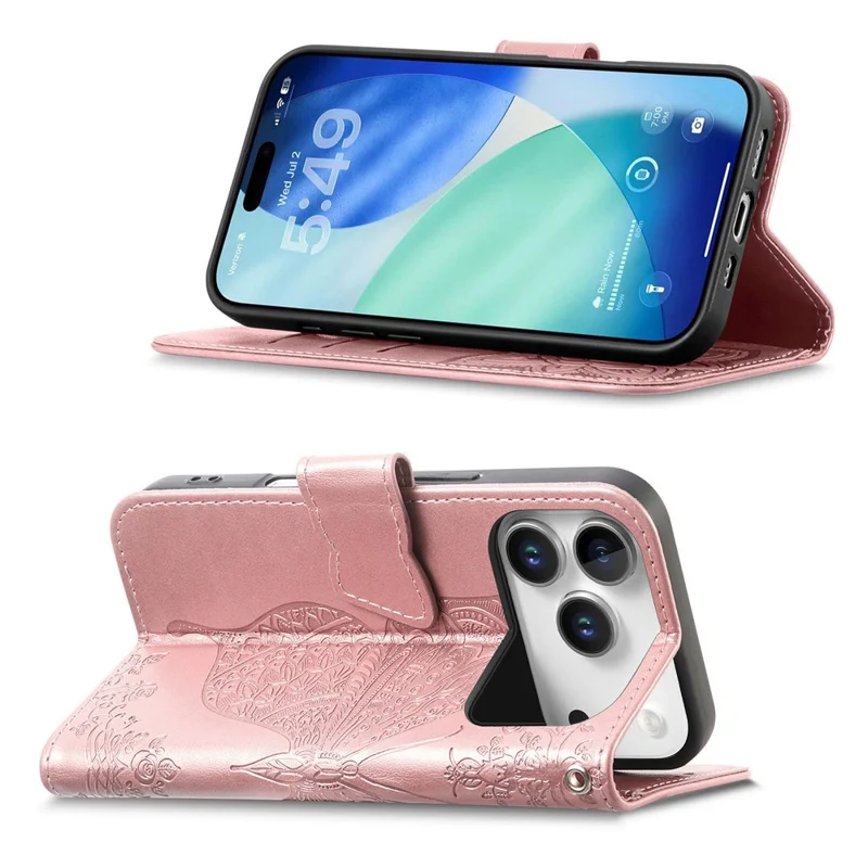 For iPhone 17 Pro Case 3D Rhinestone Decor Butterfly Flower Leather Phone Cover with Wrist Strap - Rose Gold