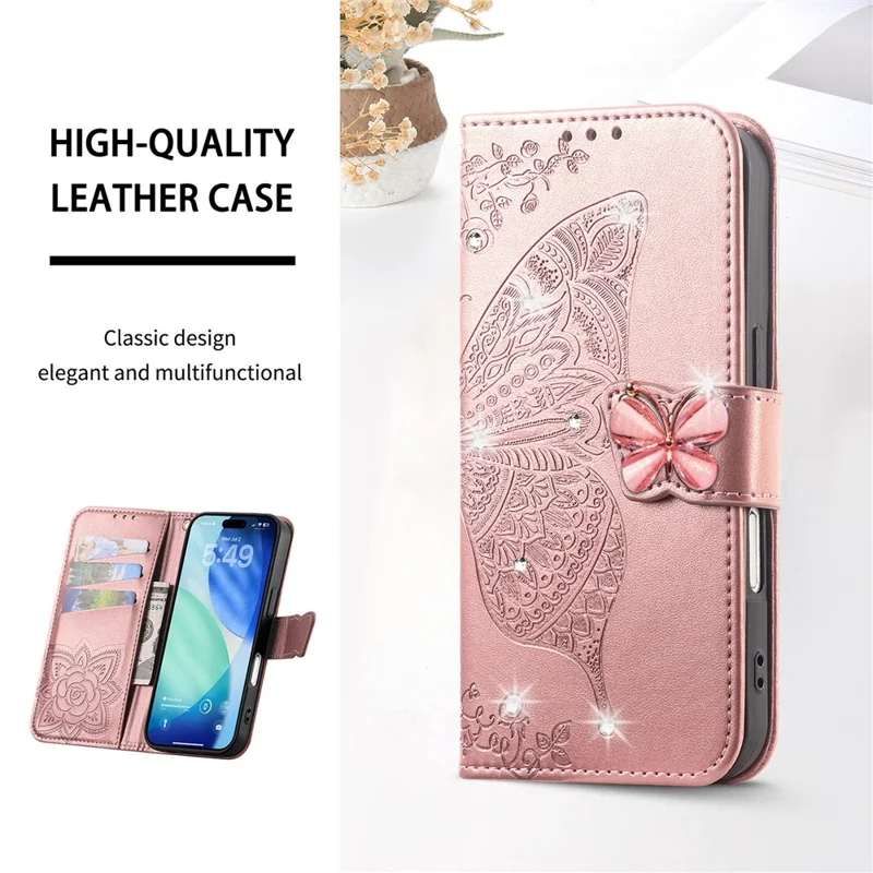 For iPhone 17 Pro Case 3D Rhinestone Decor Butterfly Flower Leather Phone Cover with Wrist Strap - Rose Gold