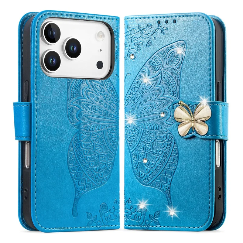 For iPhone 17 Pro Case 3D Rhinestone Decor Butterfly Flower Leather Phone Cover with Wrist Strap - Blue