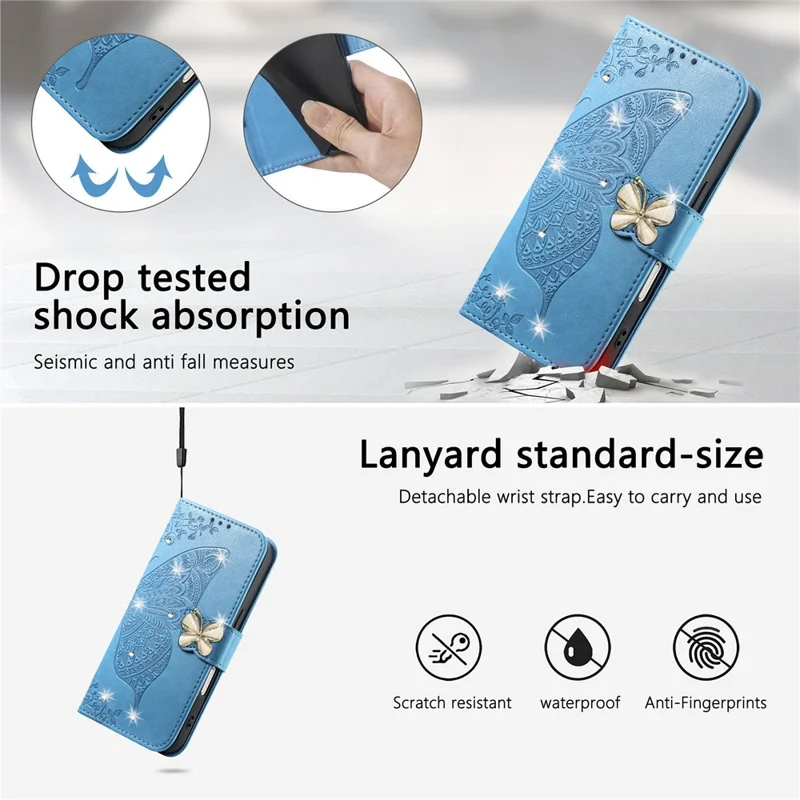For iPhone 17 Pro Case 3D Rhinestone Decor Butterfly Flower Leather Phone Cover with Wrist Strap - Blue