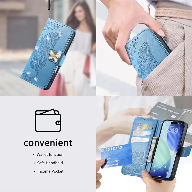 For iPhone 17 Pro Case 3D Rhinestone Decor Butterfly Flower Leather Phone Cover with Wrist Strap - Blue