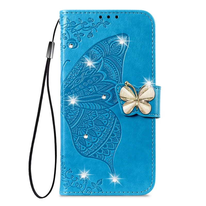 For iPhone 17 Pro Case 3D Rhinestone Decor Butterfly Flower Leather Phone Cover with Wrist Strap - Blue