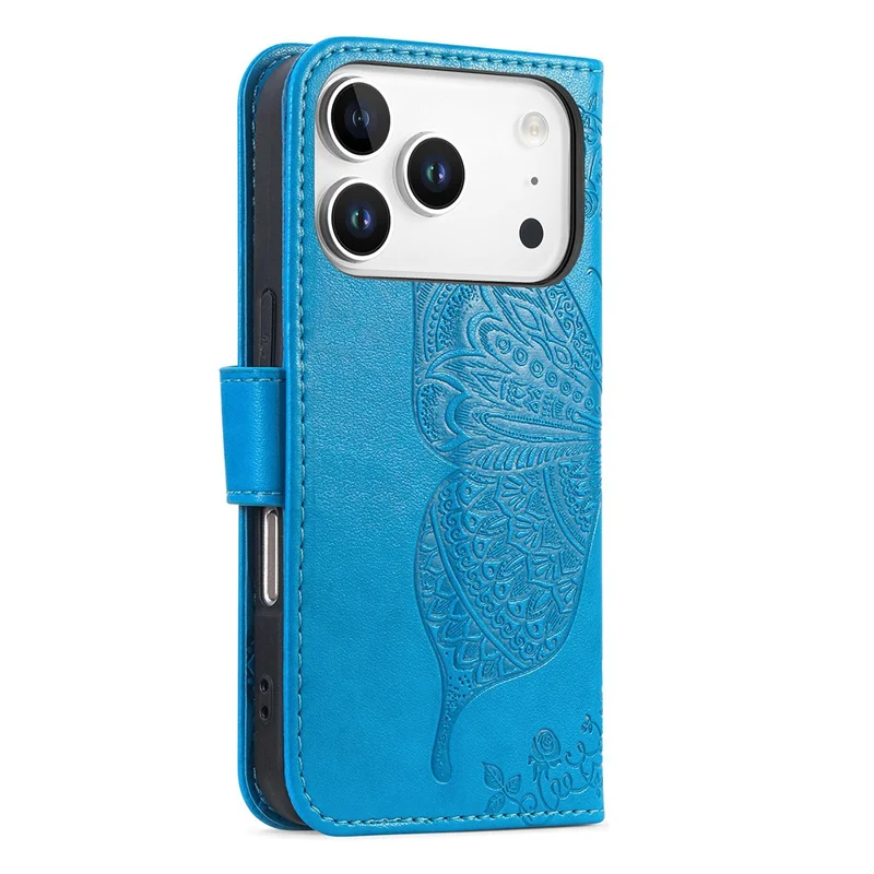 For iPhone 17 Pro Case 3D Rhinestone Decor Butterfly Flower Leather Phone Cover with Wrist Strap - Blue