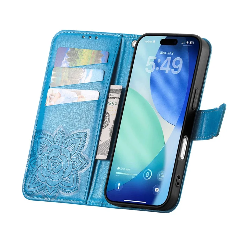 For iPhone 17 Pro Case 3D Rhinestone Decor Butterfly Flower Leather Phone Cover with Wrist Strap - Blue