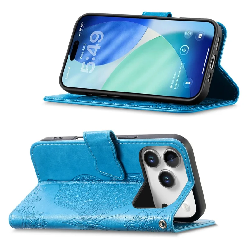 For iPhone 17 Pro Case 3D Rhinestone Decor Butterfly Flower Leather Phone Cover with Wrist Strap - Blue