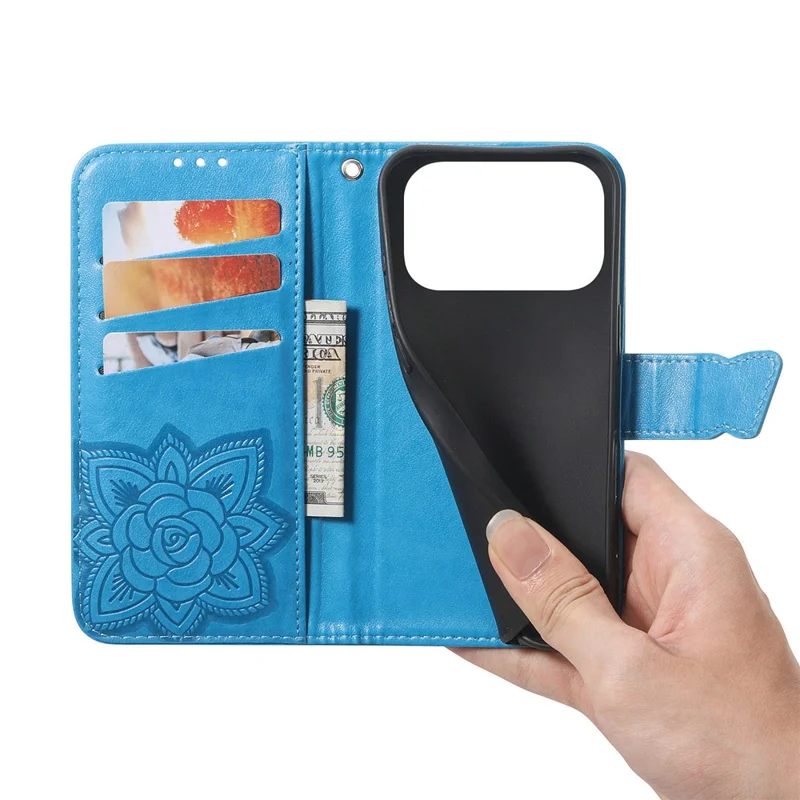 For iPhone 17 Pro Case 3D Rhinestone Decor Butterfly Flower Leather Phone Cover with Wrist Strap - Blue