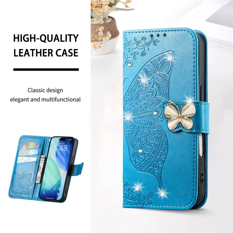 For iPhone 17 Pro Case 3D Rhinestone Decor Butterfly Flower Leather Phone Cover with Wrist Strap - Blue