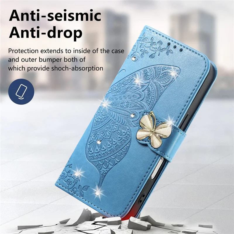 For iPhone 17 Pro Case 3D Rhinestone Decor Butterfly Flower Leather Phone Cover with Wrist Strap - Blue