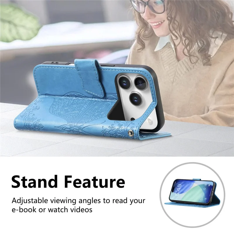 For iPhone 17 Pro Case 3D Rhinestone Decor Butterfly Flower Leather Phone Cover with Wrist Strap - Blue